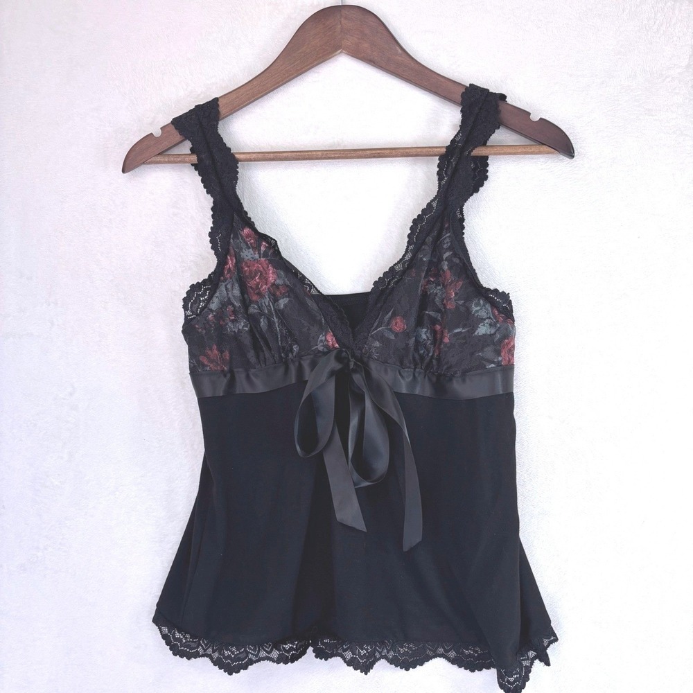 BLACK LACE Y2K CAMISOLE Top Baby Doll‎ Grunge Bow Empire Waist Lingerie Romantic